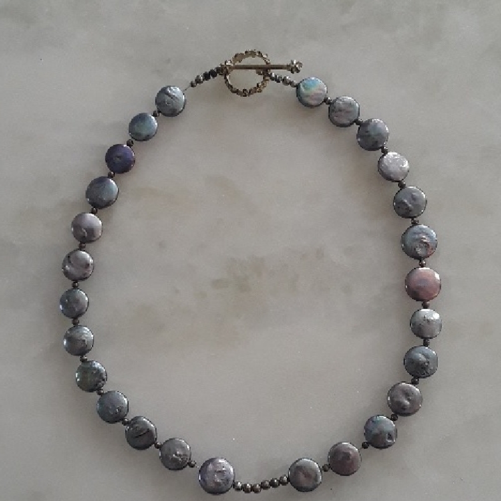 Iridescent Coin Gray Silver Blue Pearl Necklace (2010)
